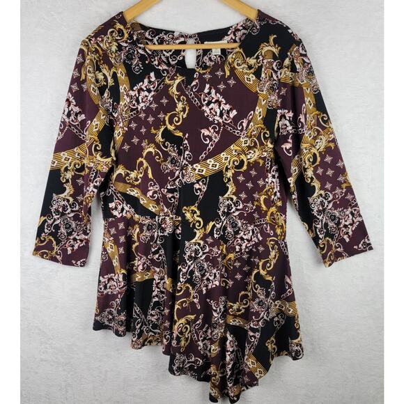 Bohemian M Top Knit 3/4 Sleeves Pullover Asymmetric Burgundy Colorful Blouse - Picture 1 of 9